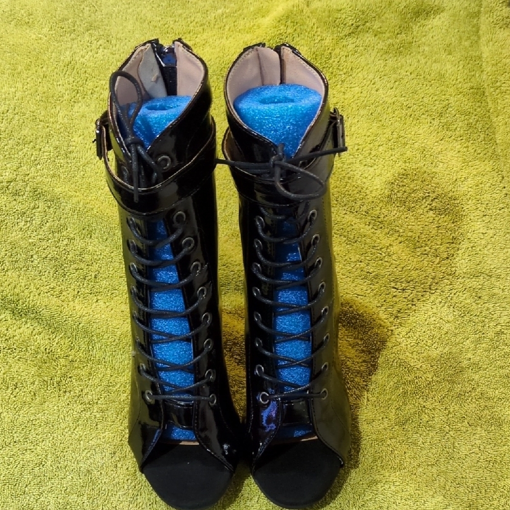 Elegant Black Patent Lace-Up Women's Peep Toe Boots